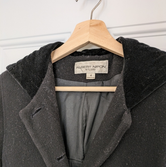 Albert Nipon Studio wool coat with velvet lined hood black size 4 - Picture 1 of 6